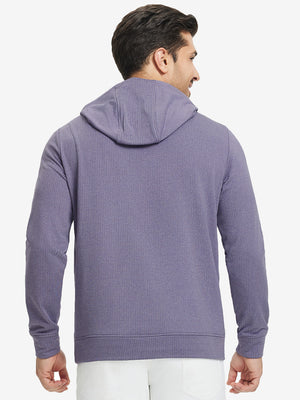Back upper view of model in warm fleece golf hoodies pullover purple.