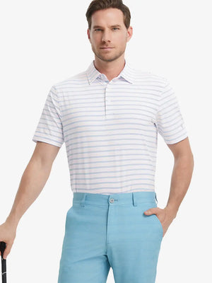 Model wearing Light Pink Cobalt Stripe Performance Stripe Golf Shirt – front half-body pose