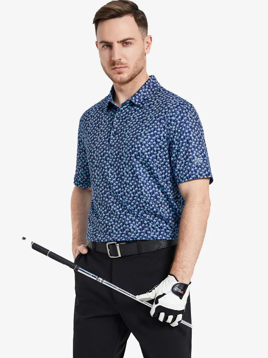 The model wears a navy blue palm tree patterned polo shirt and holds a golf club, showing the tropical flavor and sports energy.