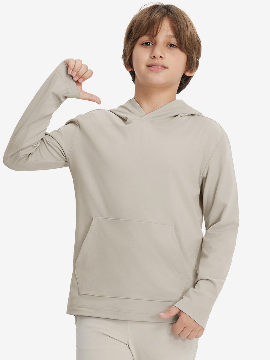 Front upper body view of youth long sleeve hoodied with kangaroo pocket in khaki light, casual fit.