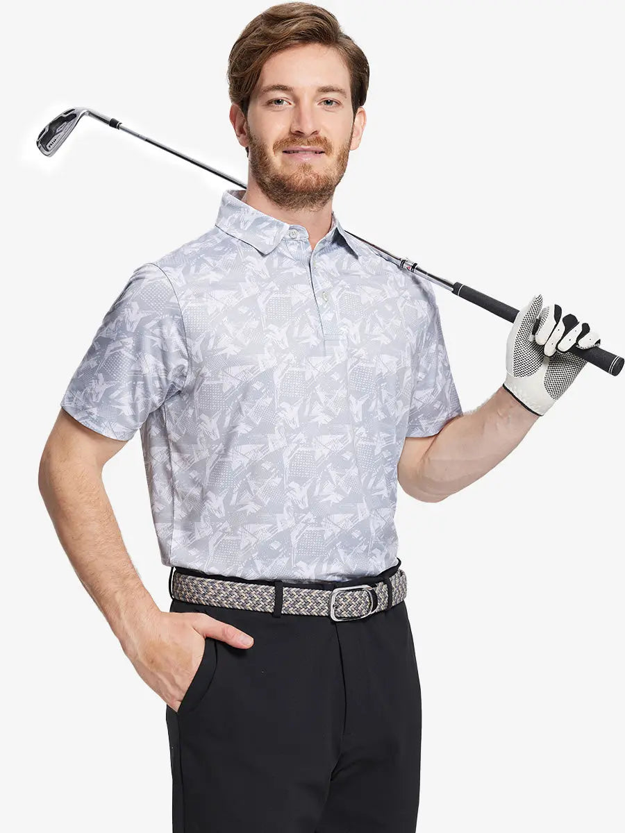 Model showcases the grey abstract pattern polo shirt, combining modern art style with sporty flair.