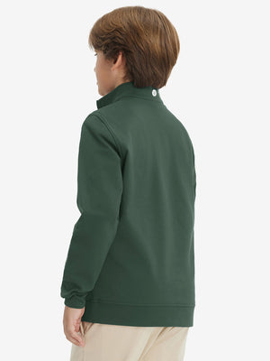 Back upper body of model wearing youth winter micro-fleece quarter zip pullover in forest green