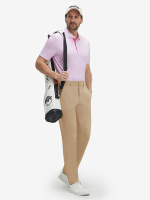 Front full body shot of model wearing light khaki breathable casual slacks with 4 pockets