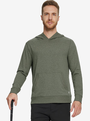 Model holding a golf club, dressed in the Brick Heather Athletic Golf Hoodie with a sleek fit.