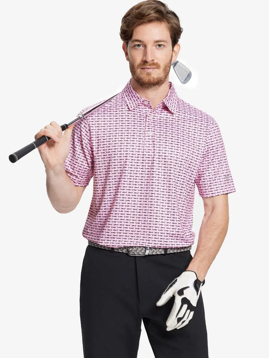 The model shows the front half-length image of the PINK BLACK BONEFISH golf polo shirt, paired with a golf club, showing a sporty and elegant temperament