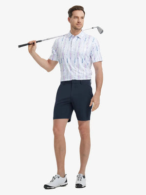 Full-body front shot of model holding golf club, wearing Player Fit Versatile Solid Shorts 7 Inch – NAVY