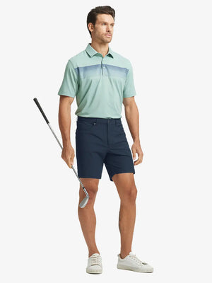 NAVY 4-way Stretch Performance Solid Shorts, golfer full-body front with club, 7 Inch length