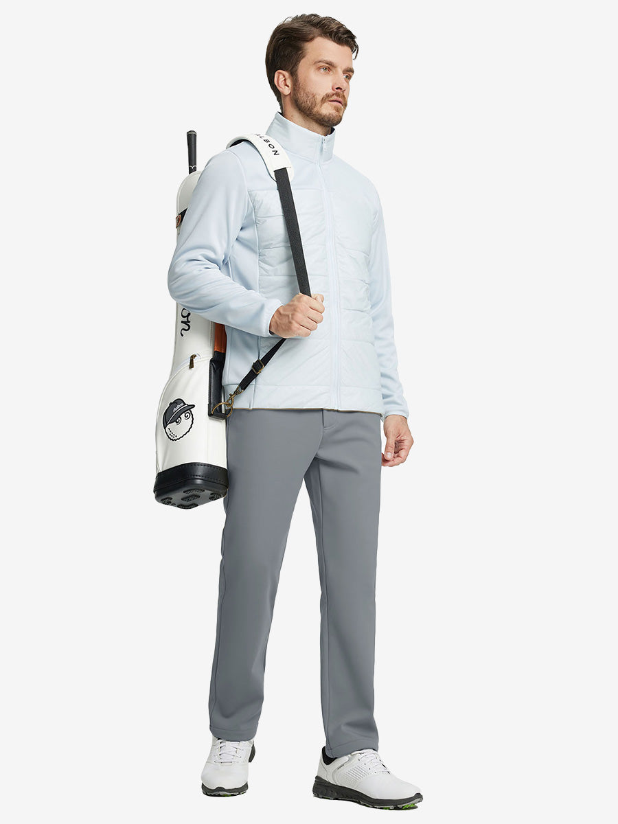 GREY Water-Resistant Fleece Lined Pants, full-body front view carrying golf bag