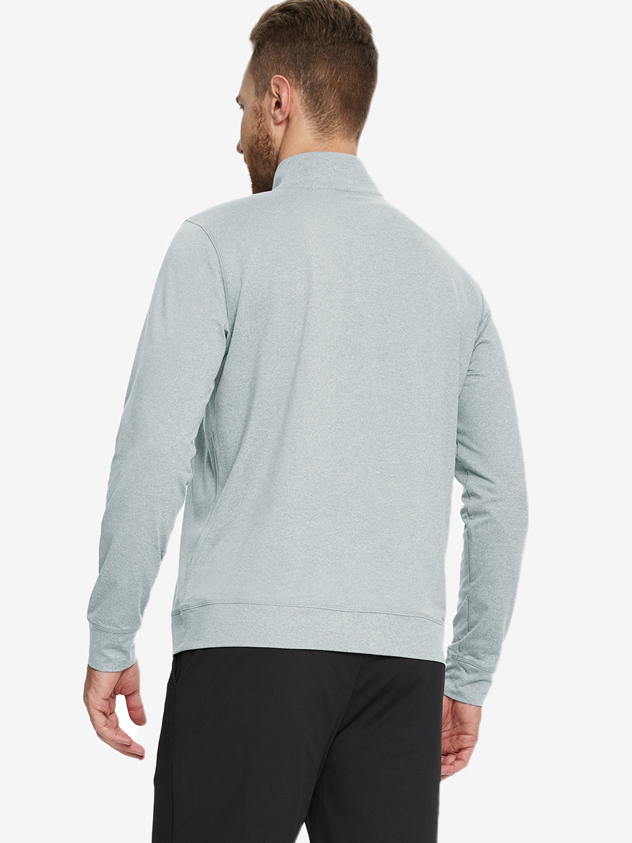 Back view of model wearing quarter zip melange pullover lunar rock melange.