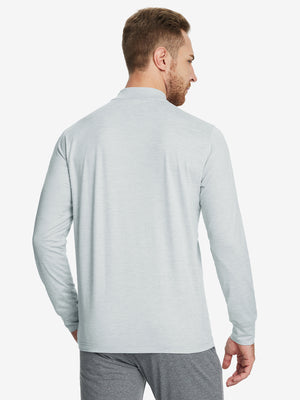 Back angle of Men’s Mock Turtleneck Shirt in Light Grey Heather, model turns head slightly with ease.