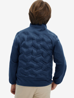 Back upper-body view of boys windproof puffer jacket with pockets on model, shown in dark blue.