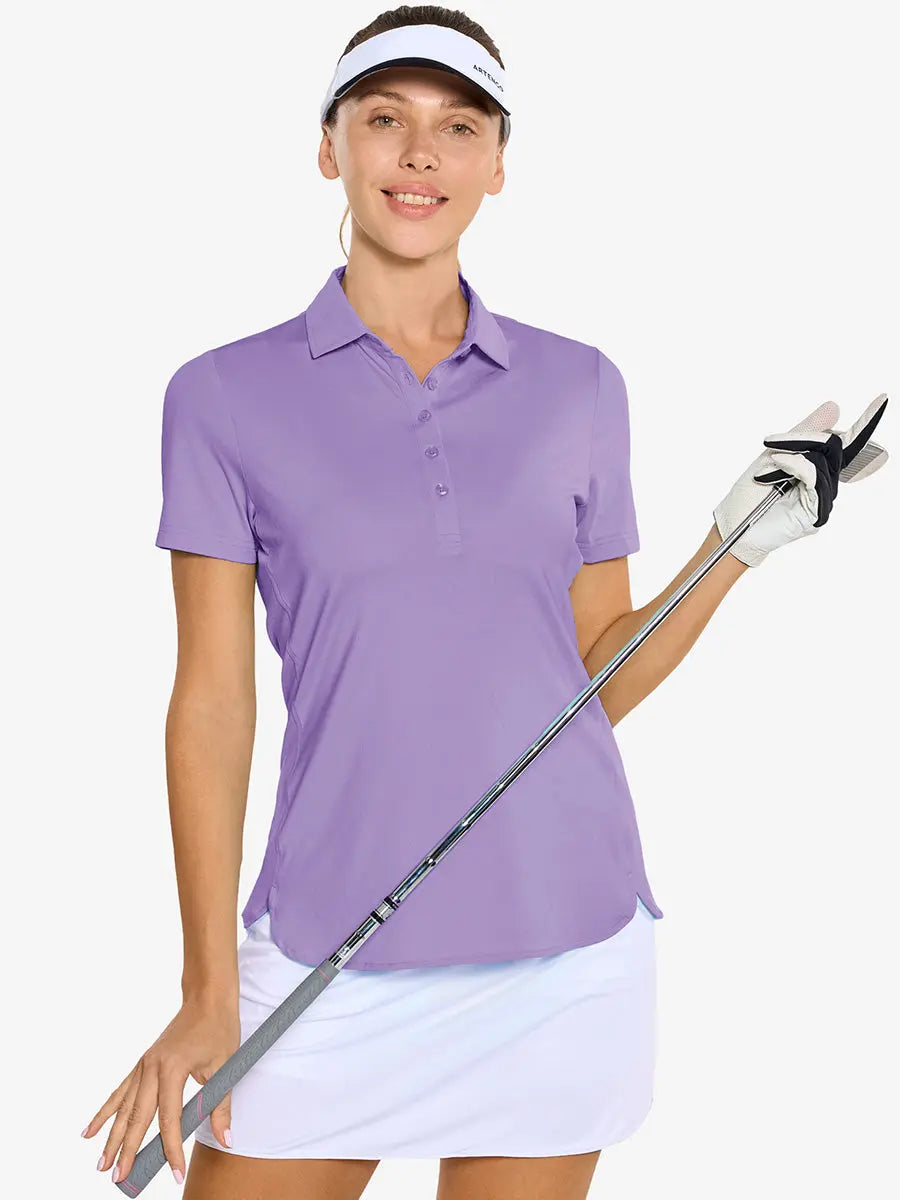 Front half-body of model in LILAC Women's Performance Solid Polo holding golf club