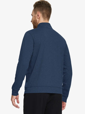 Back half-body view of model in COBALT HEATHER Quarter Zip Melange Pullover highlighting smooth fit.