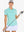 Front half-body of model in BLUE LIGHT Women's Performance Solid Polo holding golf club