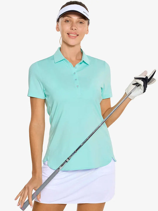 Front half-body of model in BLUE LIGHT Women's Performance Solid Polo holding golf club
