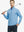 Half-body front view of model holding golf club in Pinstripe Quarter Zip Pullover – LIGHT BLUE MELANGE