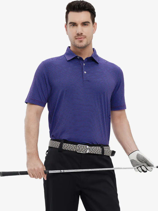 Half-body front shot of model wearing PLUM BLUE STRIPE polo, blending sophistication with sporty vibe