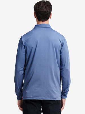 Back upper body of Long sleeve pinstripe jersey polo with subtle blue denim stripe lines