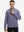 Model grabbing half-zip collar, wearing casual fleece lined quarter zip pullover in purple.