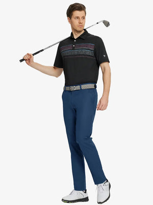 Full body front view of model wearing BLUE INDIGO Water Resistant Everyday Pants, holding a golf club