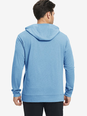 Back upper body view of the light blue melange classic heather hoodie, model turns head slightly with ease.