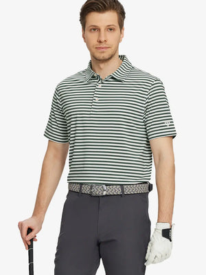 Front half-body shot holding a golf club in Olive Green White Yarn Dyed Stripe Polo – sporty and sharp