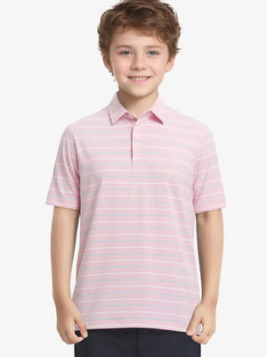Half-body front view of child in LIGHT PINK STRIPE Kids Stylish Stripe Polo Shirt.
