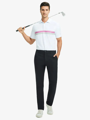 Full front view of model in Water Repellent 8 Pockets Pants BLACK，ready for golf with club in hand.
