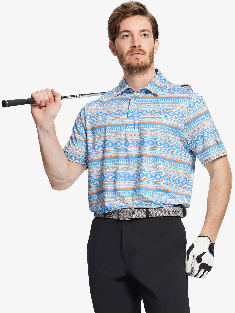 Half-body front view of model holding golf club wearing BLUE ETHNIC Performance Quick Dry Print Golf Polo.
