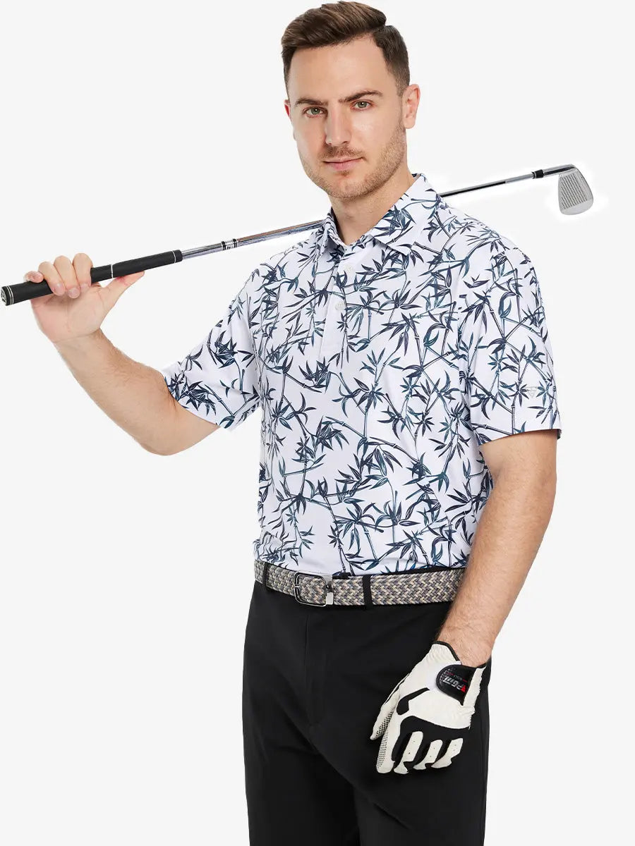 Half-body front view of model holding golf club wearing BLUE BAMBOO Performance Quick Dry Print Golf Polo.