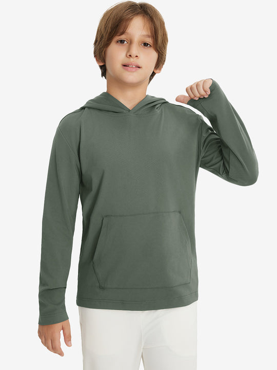 Front upper body view of youth long sleeve hoodied with kangaroo pocket in olive green, casual fit.