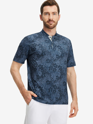 Front half-body of model in dark blue plant stretch printed collarless henley golf shirts