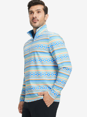 Model front upper body wearing Full print lightweight quarter zip pullover in sleek blue ethnic