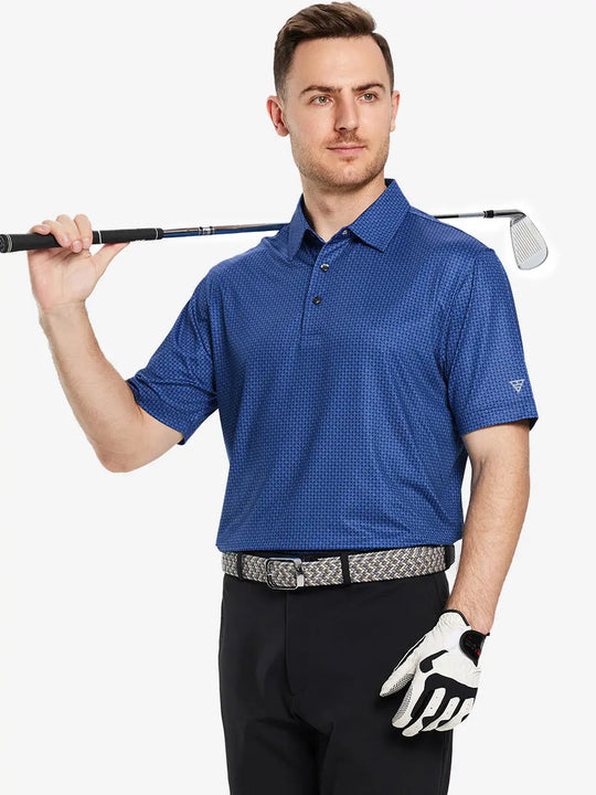 Model wears the dark blue load pattern polo, showcasing its classic design and sporty comfort.