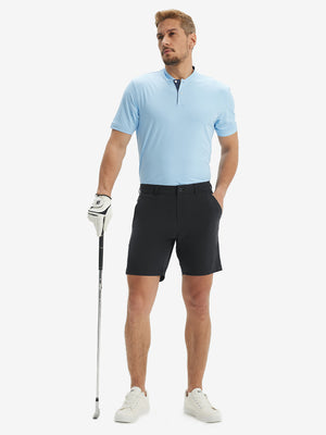 Full-body front view of model wearing the black stretch soft flat front dress golf shorts for a complete look