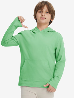 Front upper body view of youth long sleeve hoodied with kangaroo pocket in light green, casual fit.
