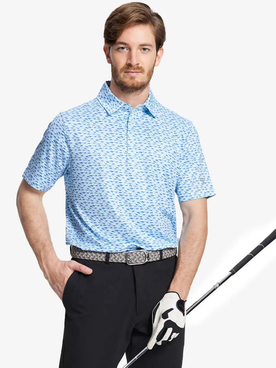 Half-body front view of model holding golf club wearing BLUE DINOSAUR Performance Quick Dry Print Golf Polo.