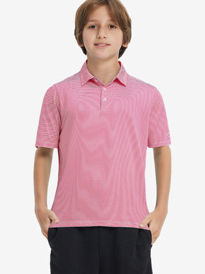 Front upper view of Kids stripe golf polos showing crisp stripes in rose stripe