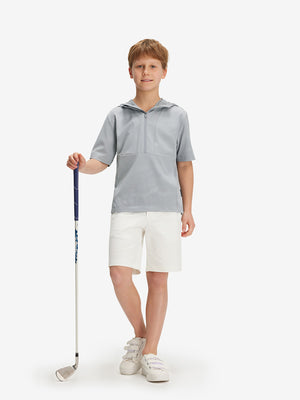 Full-body shot of model holding a golf club in light grey water-resistant short sleeve q-zip hoodie for boys