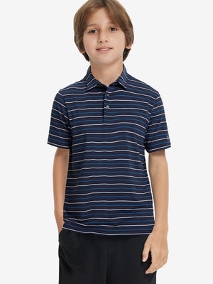 Front upper body of model wearing kids stylish stripe polo shirts, playful stripes with navy stripe detail