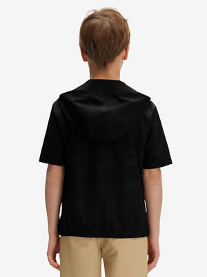 Back waist-up shot of model wearing black water-resistant short sleeve q-zip hoodie for boys