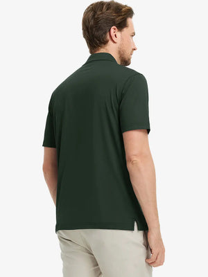 Rear half-body view of Everyday Solid Jersey Polo in OLIVE GREEN, showing clean back fit.