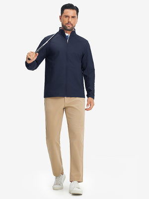 Model holding golf club wearing lightweight water-resistant outerwear jacket, active navy style