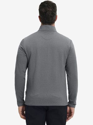 Back upper view of casual fleece lined quarter zip pullover in grey, showing fit and seams.