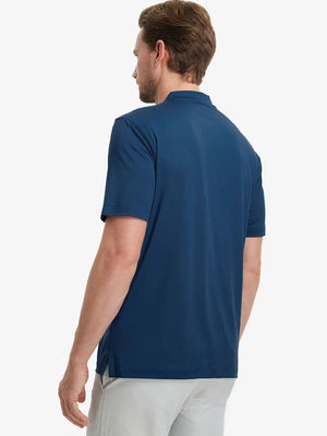 Back half-body view wearing Everyday Collarless Jersey Shirt in BLUE.