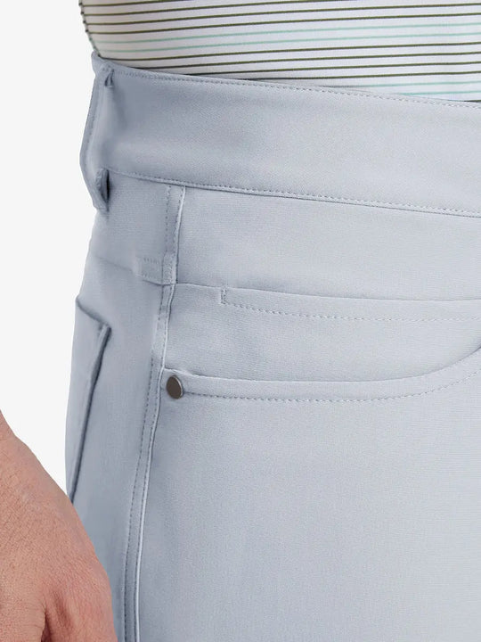 Close-up of right front pocket on Stretch Plain Everyday Pants, detailed stitching – GLACIER GREY