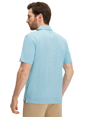 Back half-body view of a model wearing the aqua feather weight jacquard polo shirts, highlighting the rear fit