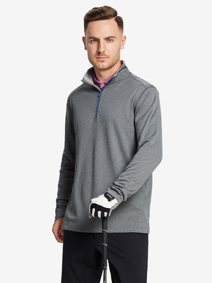 Back half-body view, model showcasing fit of GREY MELANG Moisture Wicking Quarter Zip Pullover.