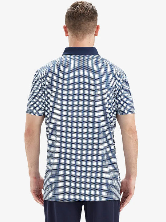 The back view shows the navy blue flagpole patterned model polo shirt, with a clean and generous design combined with athletic functionality for the game of golf.