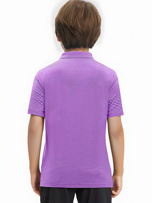 Back half-body view of youth wearing lilac stripe performance cooling polo, showing rear design